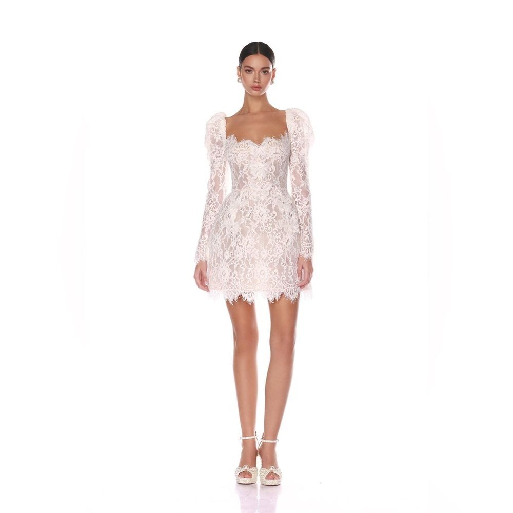 NWOT BRONX AND BANCO Colette White Lace Long Sleeve Mini Wedding Bridal Dress
